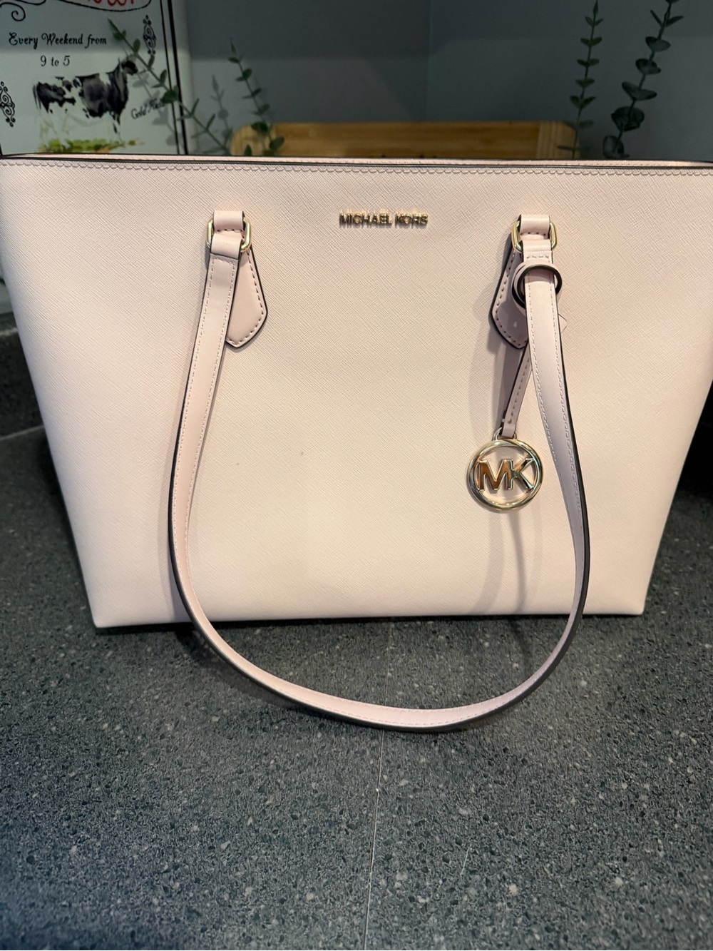Michael Kors Light Pink Saffiano Leather Tote with Gold MK Charm